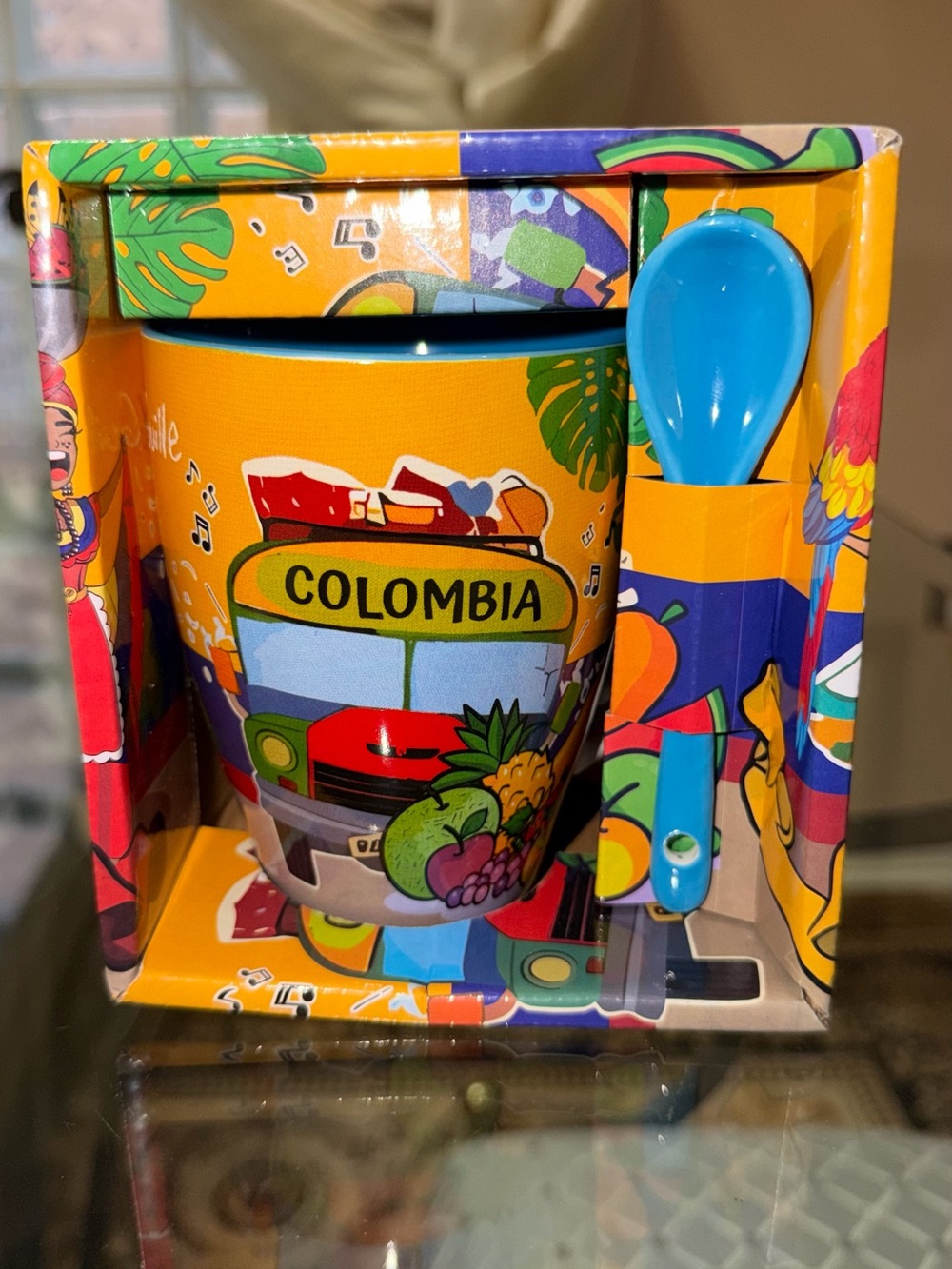 Colombia Decorative Travel Mug with Spoon - Vibrant Yellow Souvenir